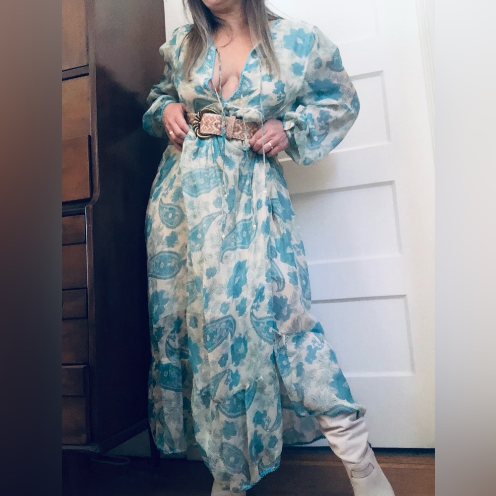 Chasing Unicorns Ticket To Heaven Silk Chiffon Maxi Dress, Teal Paisley …